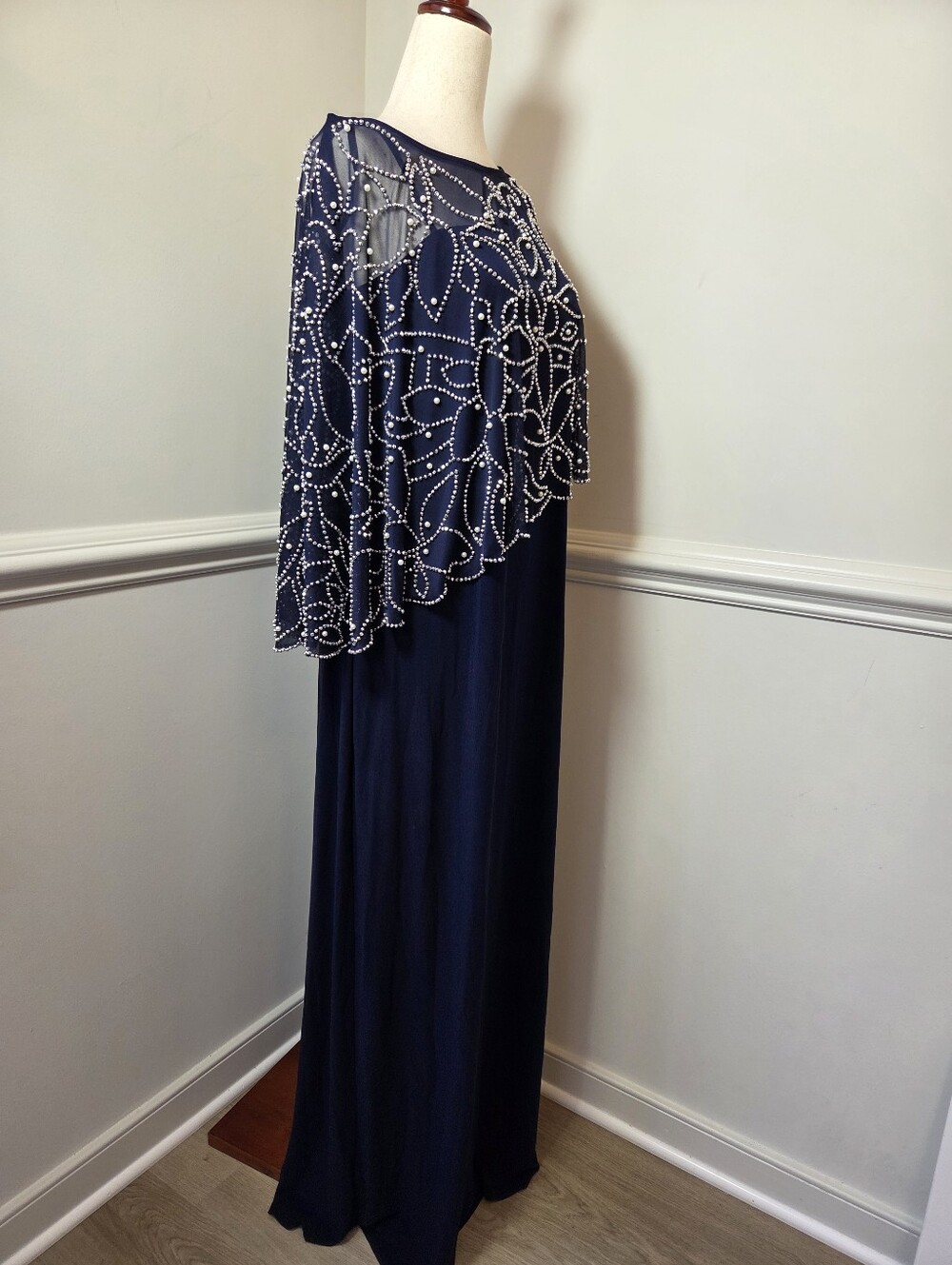 MSK Navy Embellished Cape Formal Gown Rhinestone Pearl Maxi Dress M - Picture 6 of 13